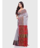 DESH BIDESH Women`s Tant Cotton Silk Handloom Cotton Saree Pushpomala With Blouse Piece(Grey Red)